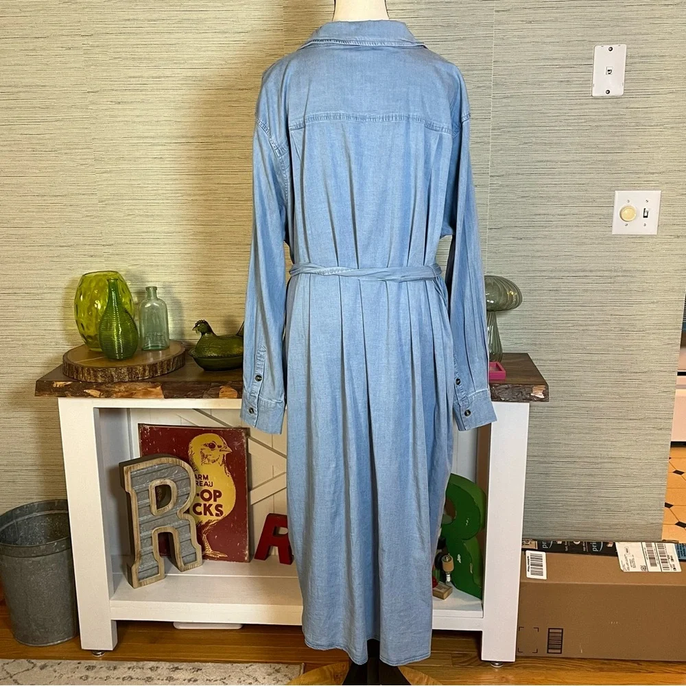 Universal Standard Chambray Blue Midi Shirt Dress Tie Waist Long Sleeve Size XL - Picture 7 of 8